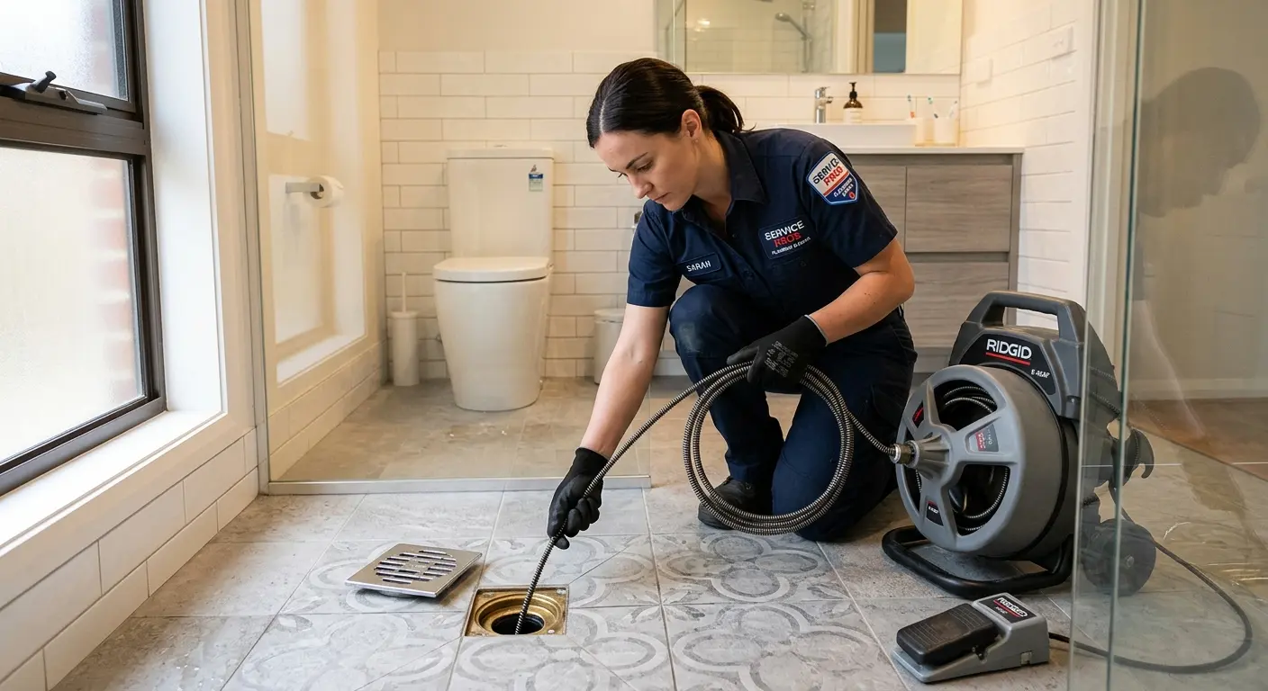 Technician clearing a bathroom floor drain for Sewer Line Replacement in Avon